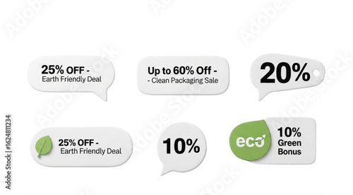 A collection of promotional badges featuring discounts and eco friendly marketing messages displayed