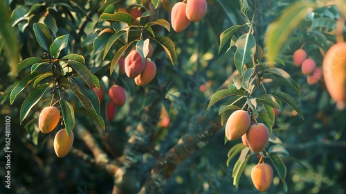 A photo of a mango tree with hanging mangoes.