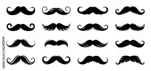 Diverse black mustache shapes and styles collection facial hair