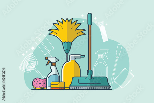 Illustration of cleaning supplies including spray bottles, duster, mop, and sponge on light blue background