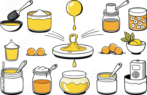 Collection of hand drawn illustrations of honey products and ingredients
