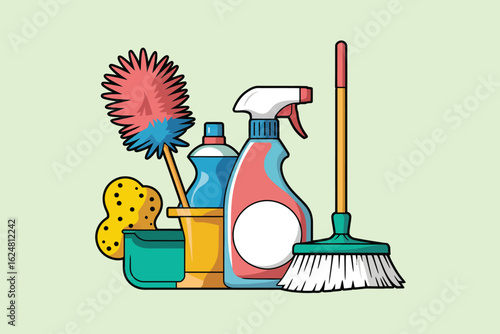 Illustration of cleaning supplies including a duster spray bottle sponge and broom on a light background