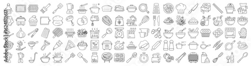 Diverse Kitchen Utensils and Food Illustrations in Black and White Outline Style