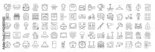 Detailed line art illustration showcasing a diverse collection of household appliances and electronic gadgets