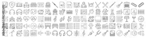 Diverse musical instrument and equipment vector icons, a symphony of sound.