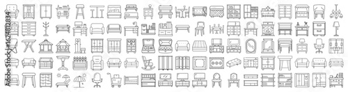 Diverse Line Art Illustration Featuring Furniture, Outdoor Structures, and Household Items