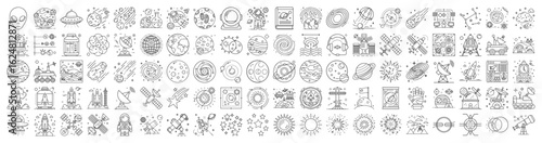 Collection of linear space icons representing a vast array of space exploration concepts