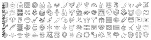 Set of black and white vector line icons for Cinco De Mayo celebration