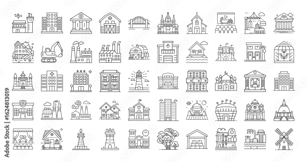 Variety of building types presented in a set of thin line icons