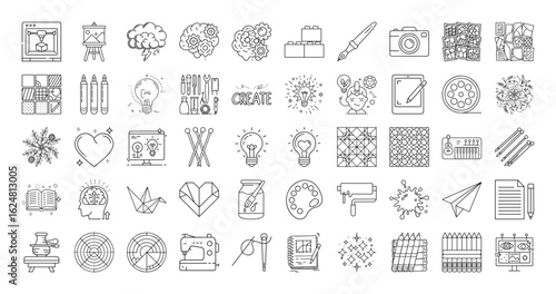 Creative process line art icons for design, illustration, and artistry