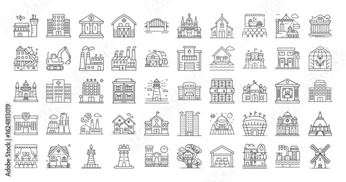Variety of building types presented in a set of thin line icons