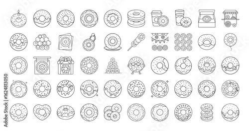 Collection of diverse donut icons in various styles in a minimalistic line art