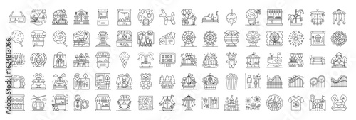 Amusement Park and Funfair Icon Set with Many Different Attractions Available