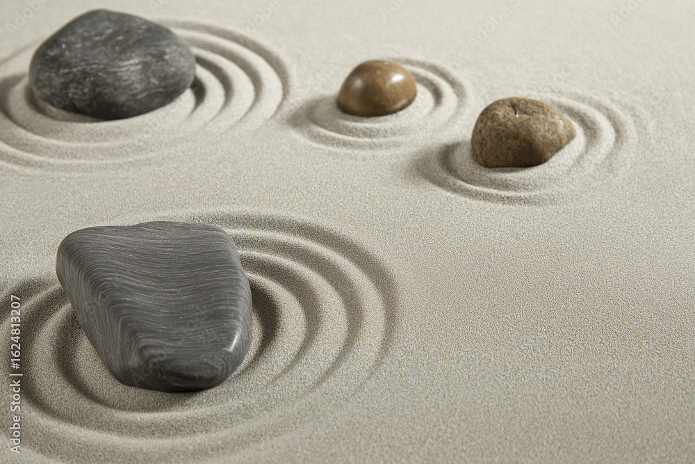 Obraz premium Zen sand garden with minimal rock and raked patterns, overhead view, monochrome palette