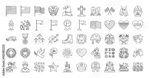 Collection of linear icons for Memorial Day and Veterans Day celebrations