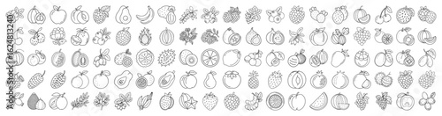 Black and White Seamless Pattern of various Fruits in Line Art Style