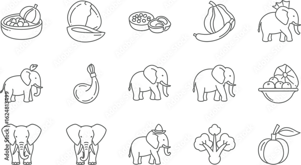 Fototapeta premium Vector art of elephant and fruit line art illustration for coloring book, logo, icon, symbol, design, and other design projects