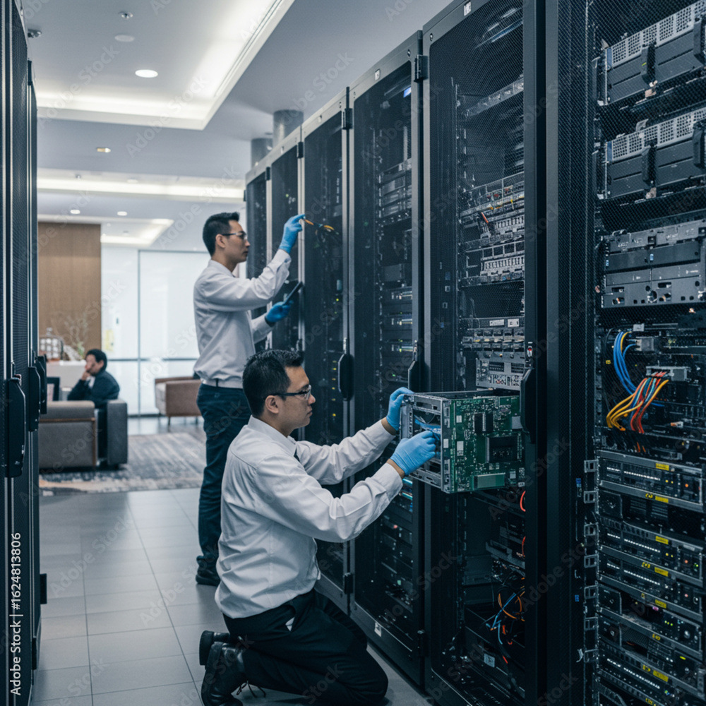 Fototapeta premium Data Center Technicians Upgrading Server Hardware for Optimal Performance.