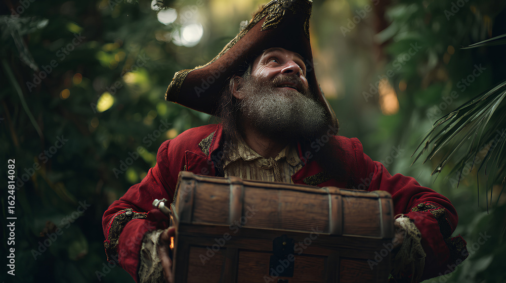 Obraz premium a pirate carrying a treasure chest in the junglea pirate carrying a treasure chest in the jungle