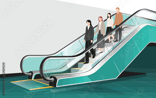 A group of people riding an escalator with green sides and a white wall in the background illustration