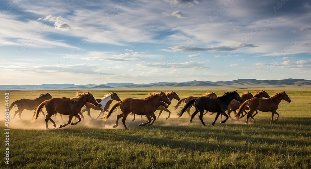 Fototapeta premium A herd of wild horses gallops across a vast grassy plain under a dramatic cloudy sky at sunset