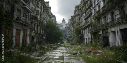 Fototapeta Naklejka Na Ścianę i Meble -  Overgrown post-apocalyptic metropolis, streets swallowed by wild plants