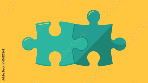 Two teal puzzle pieces connected on a yellow background in a flat vector illustration style design