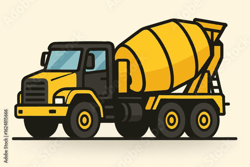 vector illustration of a yellow concrete mixer truck with a black cab
