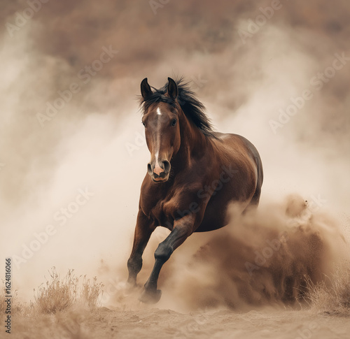 A beautiful black horse galloping through the dust, a professional photograph, horse