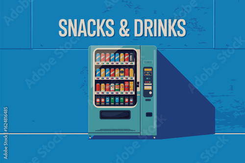 A vending machine filled with various drinks and snacks on a blue background with text above it