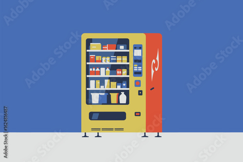 Illustration of a yellow and red vending machine filled with various snacks and drinks on a blue background