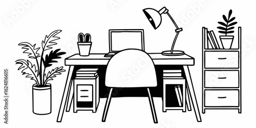 A black and white line drawing of a desk setup with a computer lamp plants and a filing cabinet