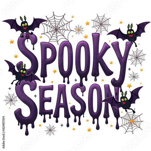 Spooky season halloween typography with bats and glowing eyes isolated on transparent background