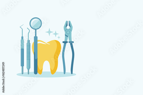 Illustration of dental instruments including a tooth mirror pick and extraction forceps on light background