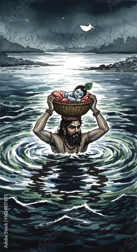 krishna janmastmi hindu mythology, krishna sitting on serpent king ananta, ocean with stormy waves, dark clouds in background, dramatic lighting, highly detailed, intricate, digital