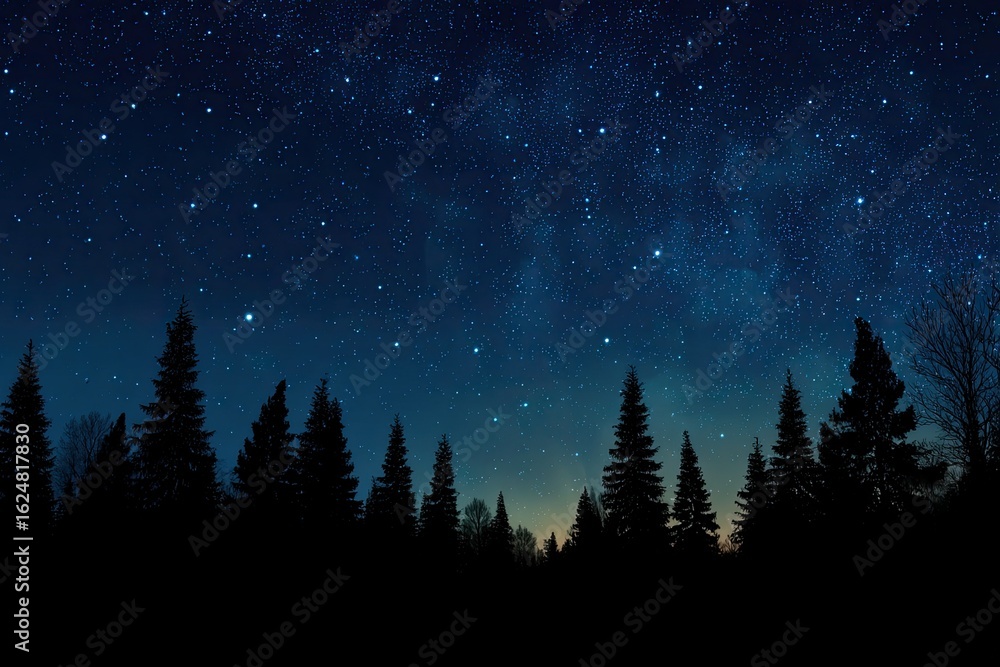 Fototapeta premium Silhouetted trees against a night sky, dotted with stars and the milky way
