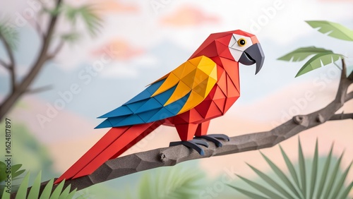 Colorful geometric origami parrot perched on a branch with tropical background illustration