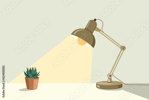 Illustration of a desk lamp illuminating a potted plant on a table against a neutral colored wall