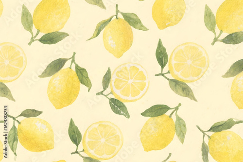 watercolor citrus lemon pattern, seamless repeat with leaves on blue and white stripes
