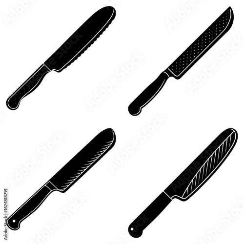 Four different types of black kitchen knives with varying blade designs on a white background surface