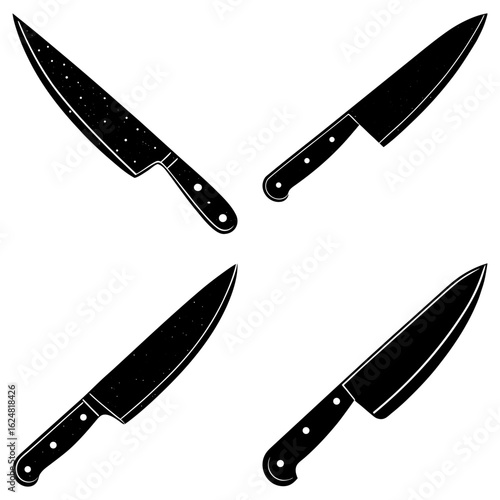 Illustration showcasing four kitchen knives with black blades and handles on a white background design element