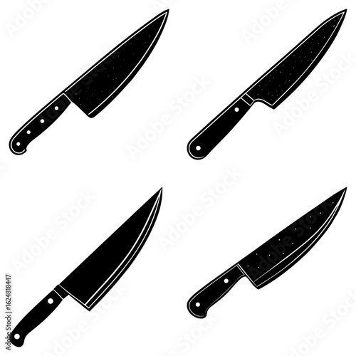 Four black chef knives with handles and blades arranged on a white background in a square formation