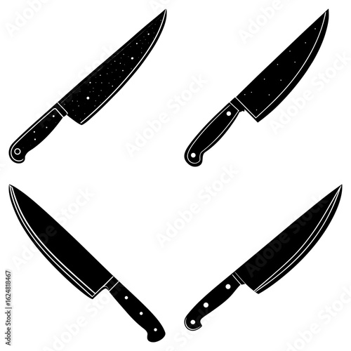 Four black and white chef knives with sharp blades and dark handles arranged on a white background