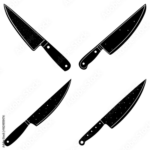 Four black and white chef knives with unique handles and blades arranged in a square pattern design
