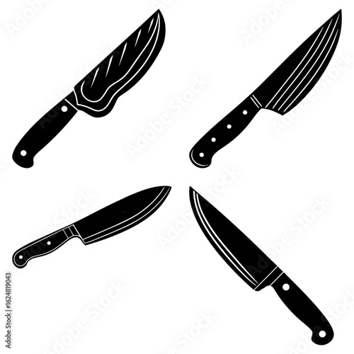 Illustration of four different black and white kitchen knives with varying blade shapes and handle designs