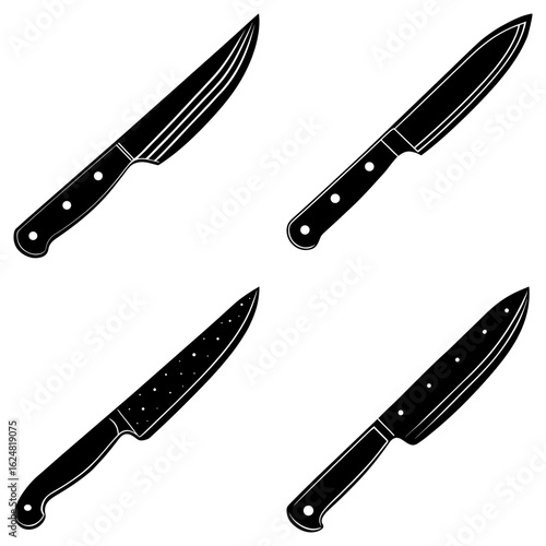Four different black and white knives with various blade designs arranged on a plain white background