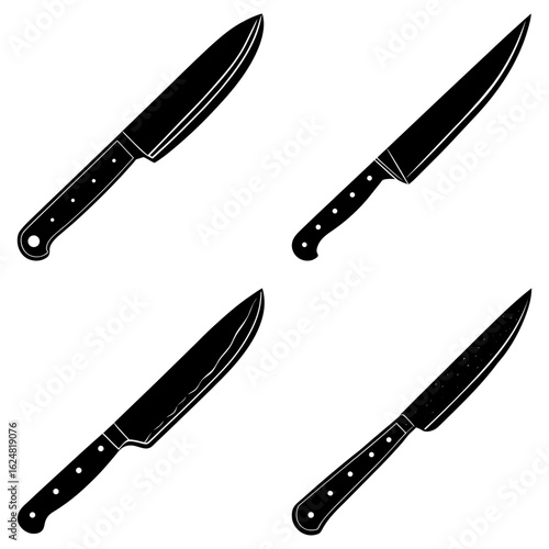 Four monochrome illustrations of kitchen knives with riveted handles on a white background image