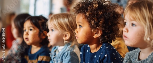 The children captivated by an engaging performance in a lively setting.