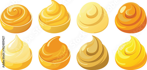 Eight swirls of delicious yellow and orange sauces and creams