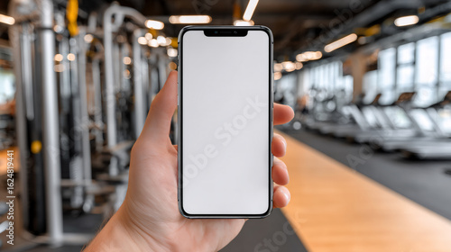 Smartphone mockup in modern gym with copy space. Workout tracking concept.